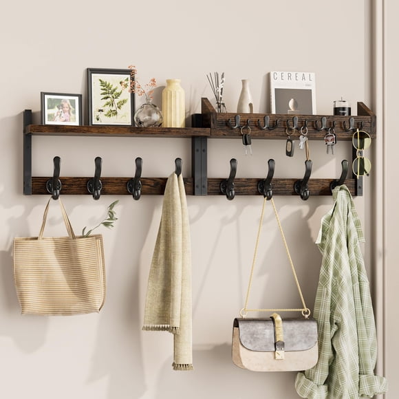 Perchero de pared Evermagin 35 con estante rústico, marrón