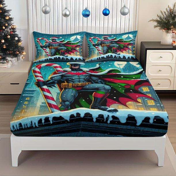 Fitted Sheet Set Featuring a Christmas City Snow Night Theme with Festive Candy Cane Patterns The Elastic-designed Sheet Fits Perf