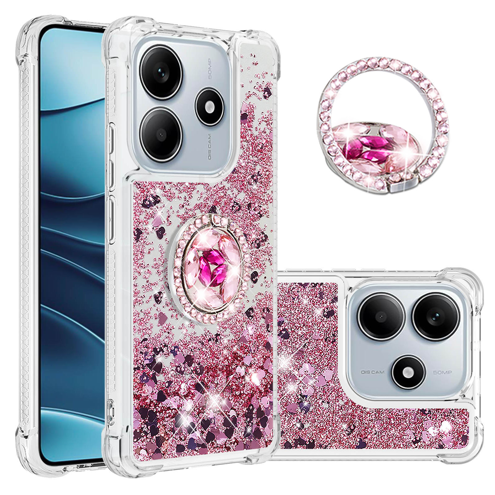 Foxdock Funda Glitter Líquida Para Xiaomi Redmi Note 14 4G Con Anillo Brillante, Tpu Antichoques Y Esquinas Reforzadas, Soporte
