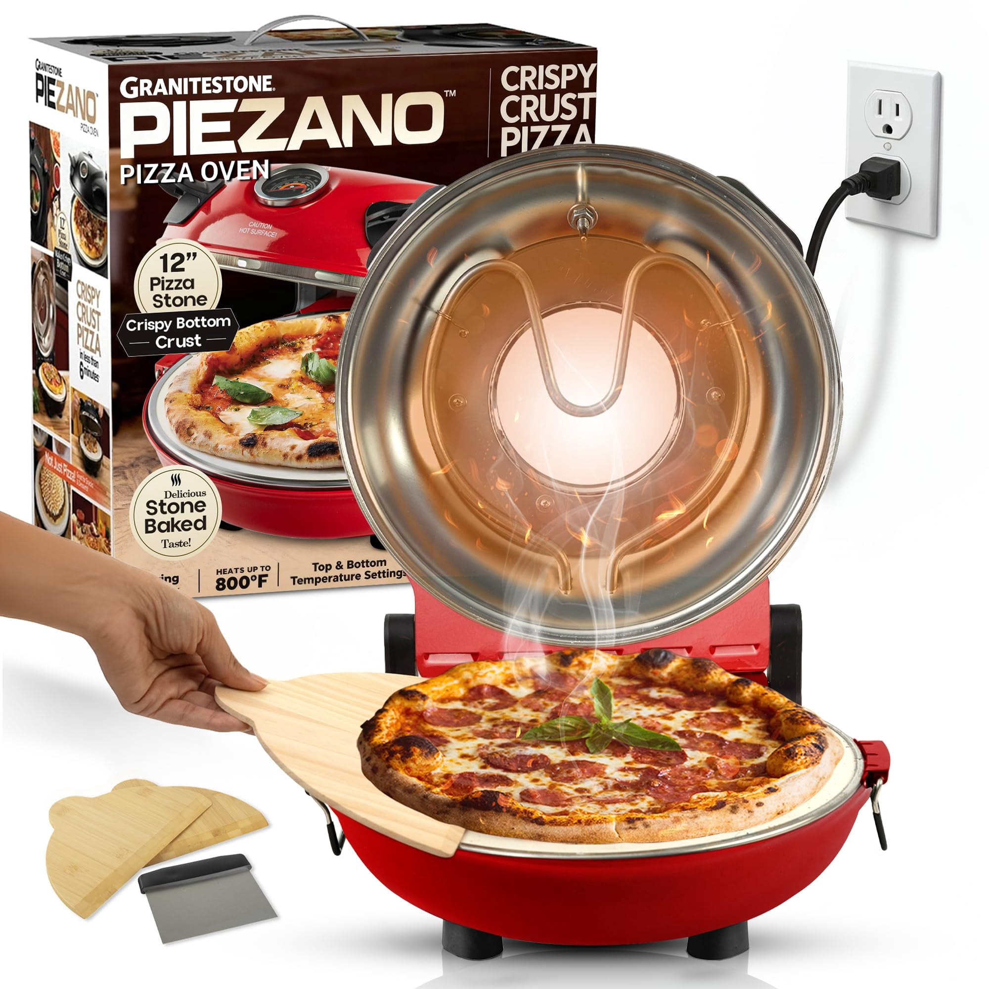 Horno Para Pizza Piezano, Masa Crujiente, 30 Cm, Eléctrico, 800 °f, Con Piedra