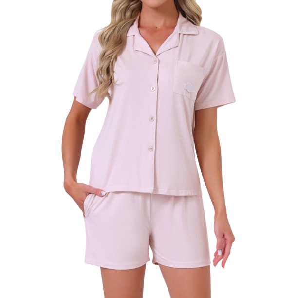 INSPIRE CHIC Conjuntos de Pijama Sólidos para Mujer Mangas Cortas Lindo Suave Cómodo Altamente Elástico Camisetas con Botones y Pantalones Cortos 2 Piezas L Púrpura Claro