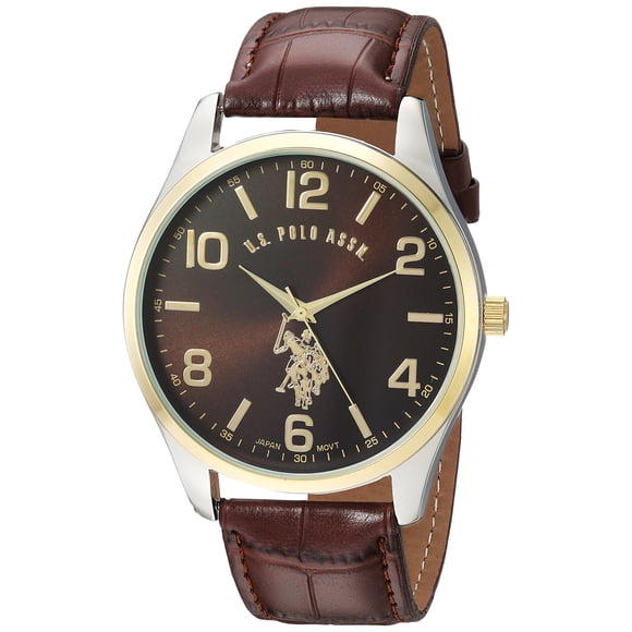 Vea U.S. Polo Assn. Esfera marrón para hombre con bisel dorado