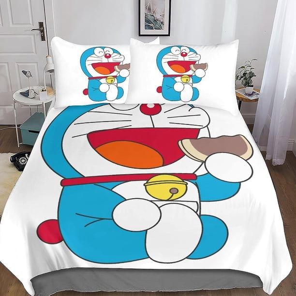 Funda nórdica Doraemon para niños, ropa de cama 3D, funda de edredón de anime lindo para niñas, niños y adolescentes con almohada, 3 piezas de microfibra suave con