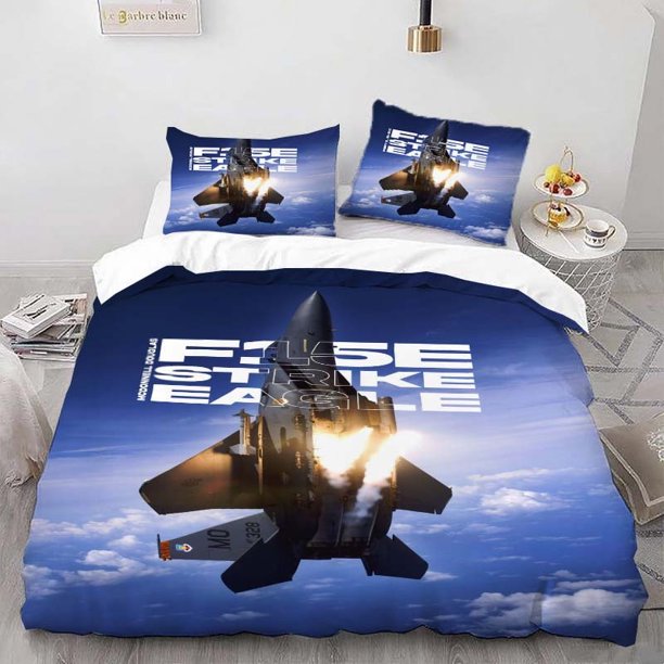 F15E Fighter Jet Printed Duvet Cover Set Three-Piece Bedding Set with 1 Duvet Cover and 2 Pillowcases Soft and Comfortable for All Seasons