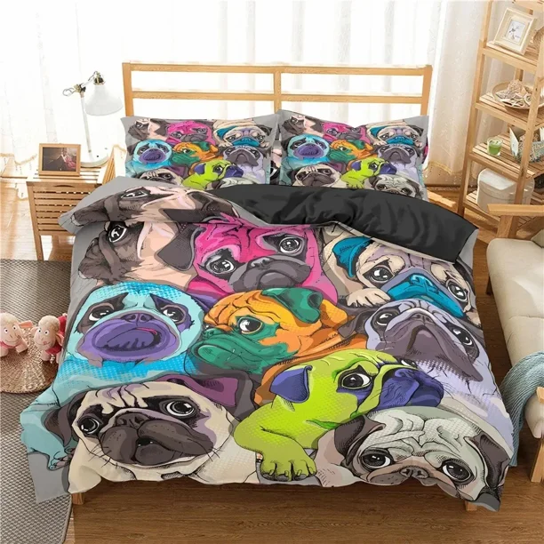 v22 Bed Sheets Cute Animal Bedding Set Cartoon Pug Dog Duvet Cover Sets Kids Comforter Cover Queen King Twin Single Size Polyester Quilt Cover 3-Piece Bedding Set (1 Duvet Cover + 2 Pillow Shams) Bed