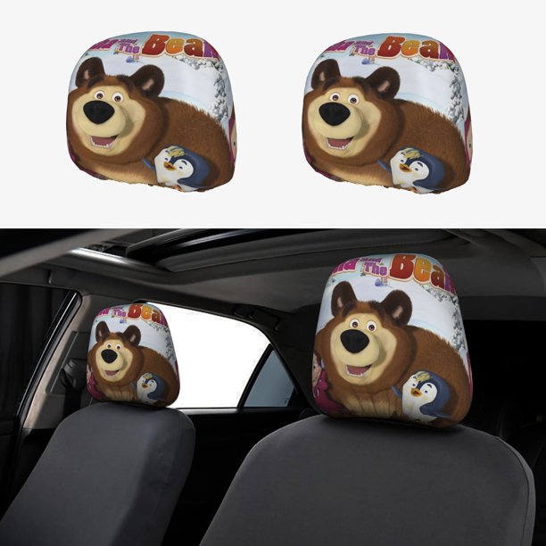 Masha y el Oso Funda Protectora Universal para Reposacabezas de Coche, Funda Elástica para Reposacabezas de Asiento de Auto, Funda de Tela Antipolvo, Accesorios de Interior 2 Piezas