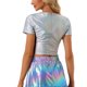 thumbnail image 3 of INSPIRE CHIC Tops cortos metálicos para mujeres con abertura de manga corta para fiesta de Halloween brillante holográfico L Plata holográfica, 3 of 5