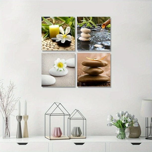 4pcs/set Canvas Paintings, Wall Art Spa Still Life With Green Bamboo Fountain And Zen Stone Jasmine Flowers Painting Home Decor Picture Modern Painting Wall Decor Painting Wall Art (Without Frame)