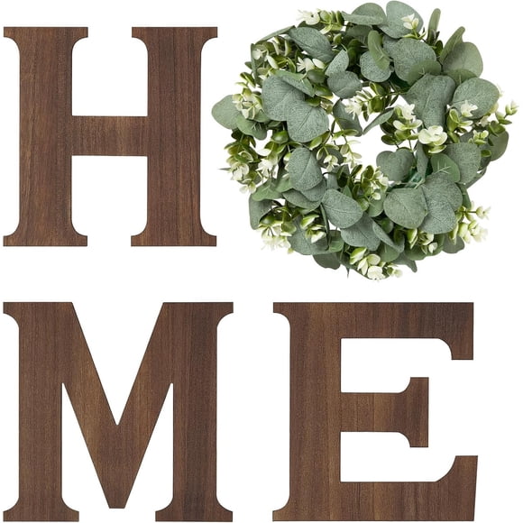 Cartel de pared HOME Mkono con letras de madera y corona de eucalipto