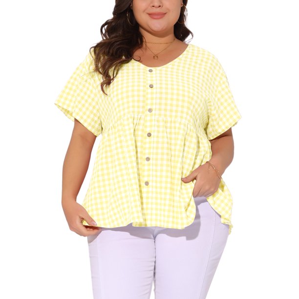 Blusa Casual Babydoll con Botones Decorativos y Cuello en V de Manga Corta a Cuadros con Volantes para Mujer de Talla Grande de Agnes Orinda, Talla 1X, Amarillo Mantequilla