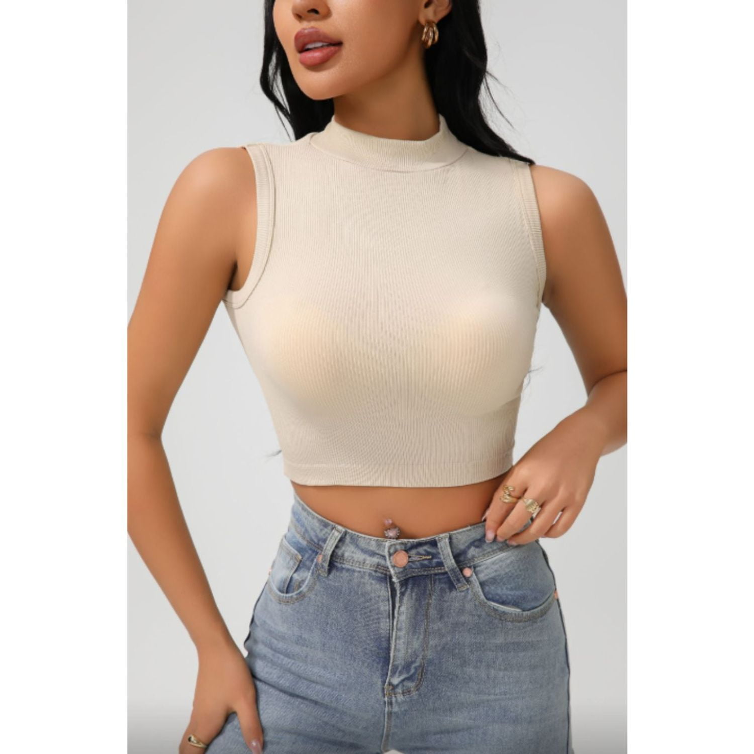 Likeshop - Polera Corta Mujer Top Sin Manga Full Elasticada Cuello Alto 9009