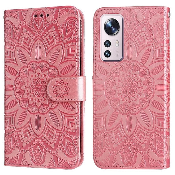 Funda tipo cartera FOXDOCK para Xiaomi 12 , diseño girasol en relieve, cuero PU, cierre magnético, soporte y tarjetero