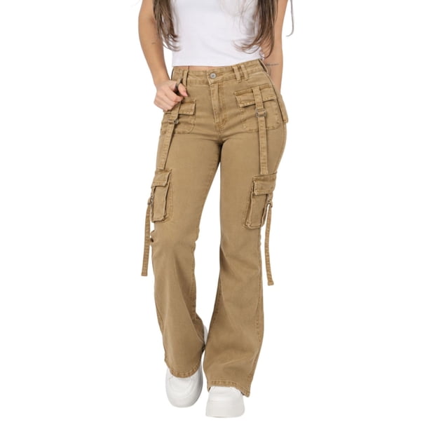 Jeans Mujer Cargo Flare Tiro Alto Beige 9328