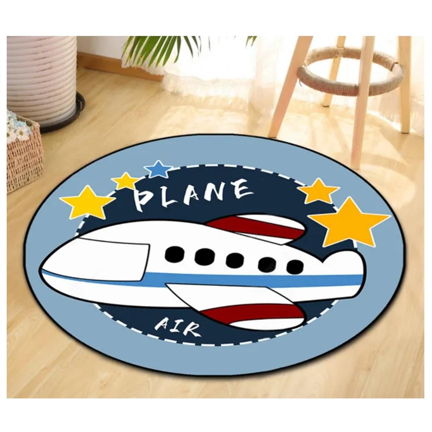 Kivara - Alfombra Infantil Redonda Avion 110 Cm Tapete Dormitorio