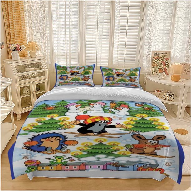 3pcs Merry Winter Cartoon Animal Snow Party Themed Bedding Set Duvet Cover and Pillowcase Set Soft and Comfortable