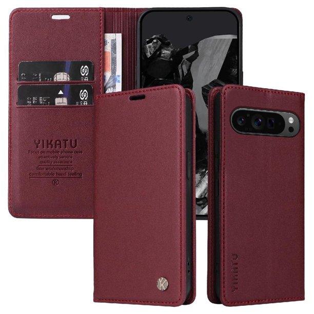 Funda Billetera de Cuero para Google Pixel 9 Pro 5G con Tarjetero y Soporte - Tapa Magnética Rojo