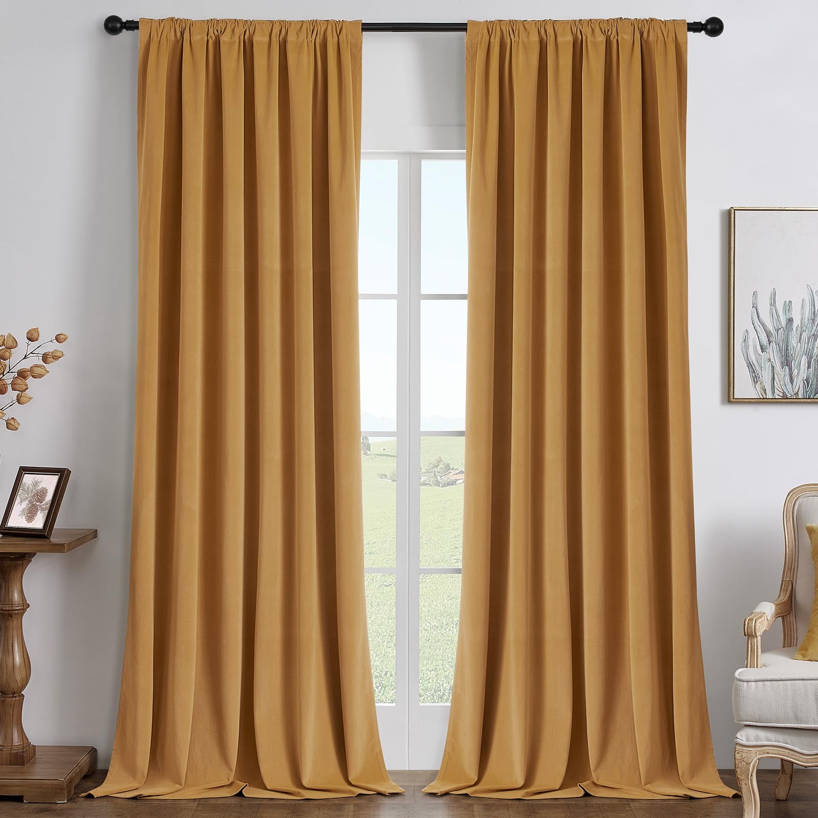 Cortinas Joydeco De Terciopelo Amarillo Mostaza Opacas 132 X 244 Cm