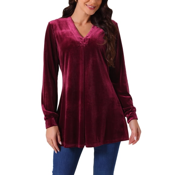 Elegante Blusa de Terciopelo para Mujer con Cuello en V y Mangas Largas para Ocasiones Casuales y Formales XL Rojo Vino
