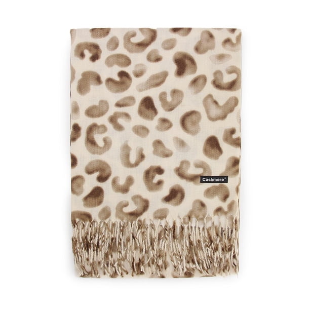 Bufanda Tipo Cashmere Estampado animal print leopardo Mujer con Flecos Invierno blanco Talla Única