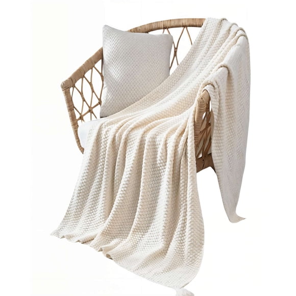 Manta De Sofá Con Flecos De Soga 130cmx180cm Color Blanca