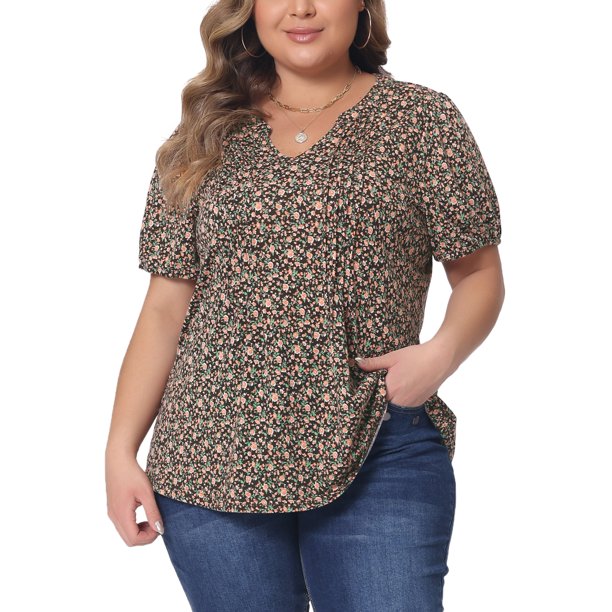 Agnes Orinda Blusas de Verano Casual de Manga Corta con Cuello en V y Estampado Floral para Mujer de Talla Grande 1X Marrón