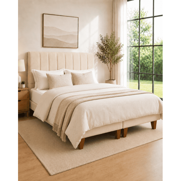 Cama 2 Plazas Completa Beige | Base Europea + Colchón Excellense Plus 25CM + Respaldo Tapizado