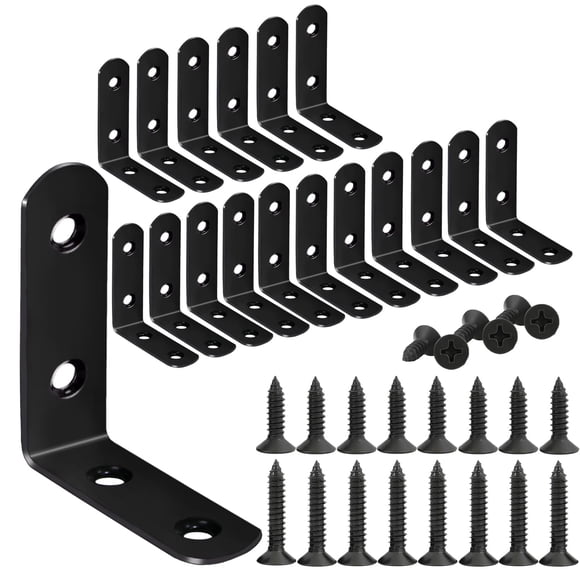 Soportes de esquina negros en forma de L de acero inoxidable, paquete de 18