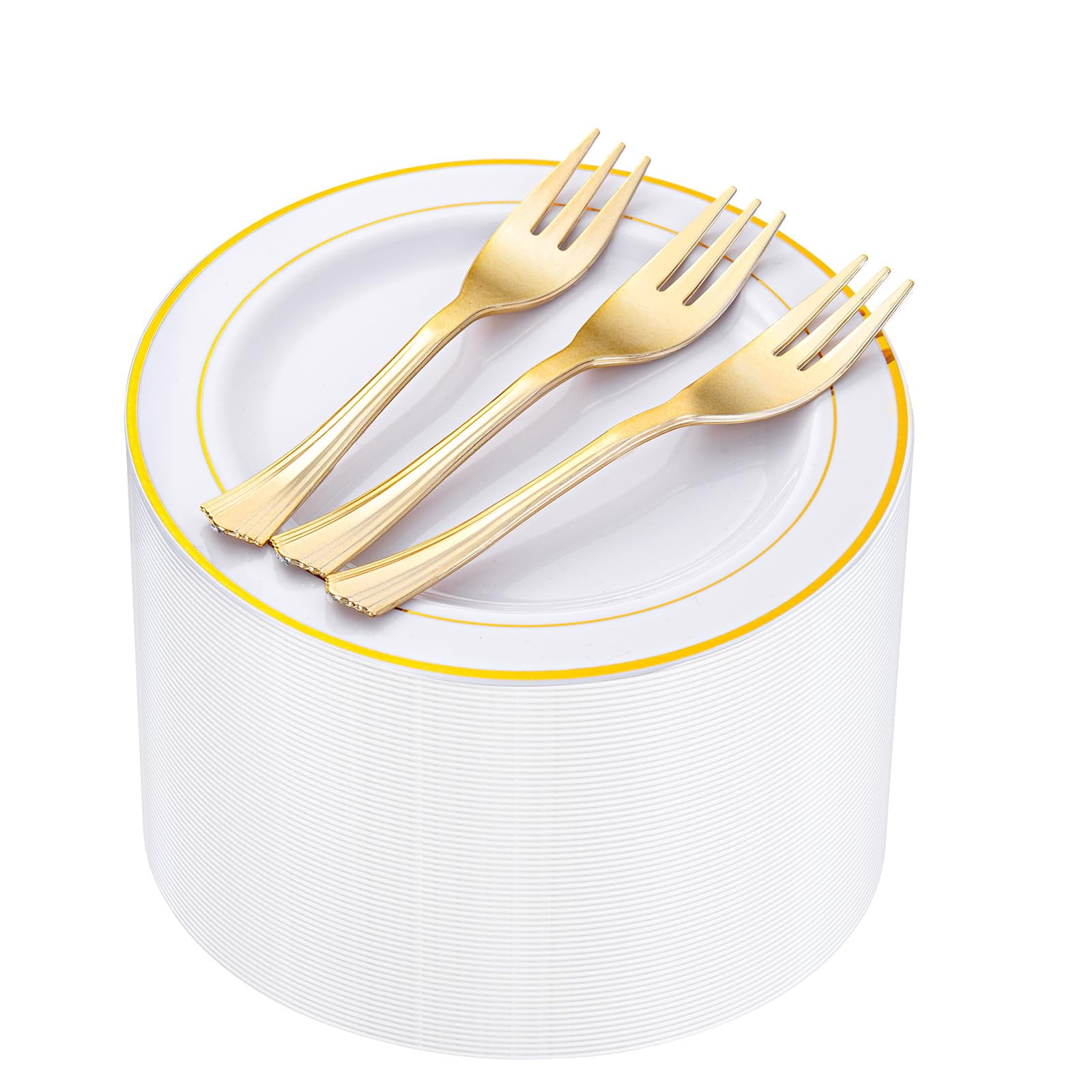 Platos Y Tenedores De Postre De Plástico Wellife, 120 Unidades, Blancos Con Bordes Dorados