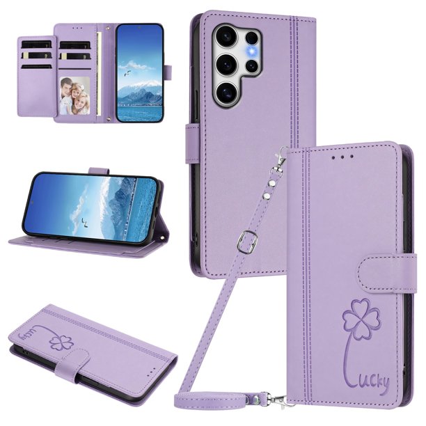 Funda Cartera Trébol para Samsung Galaxy S25 Ultra con Ranuras Tarjetas y Carga Inalámbrica Morado claro