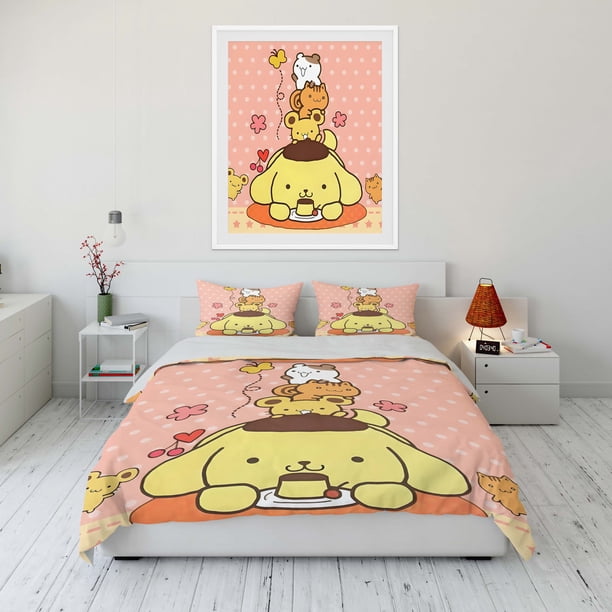 Sanrio Pom Pom Purin Printed Bedding Set Cartoon Microfiber Bed Set Pillowcase Adult Bed Cover Bedroom Bed Set Duvet Bed Sheets