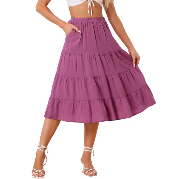 INSPIRE CHIC Falda Midi para Mujer Regreso a Clases Cintura Elástica Sólida Falda Acampanada en Línea A con Bolsillos Púrpura L