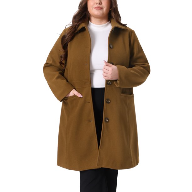Abrigo de mujer talla grande Agnes Orinda, sólido, con botones, largo, para otoño e invierno, con bolsillos, 3X, marrón oscuro