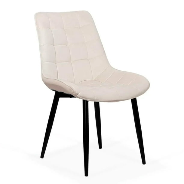 Silla Para Comedor Tapizado Felpa Con Diseño Cuadro Base Negra - Beige