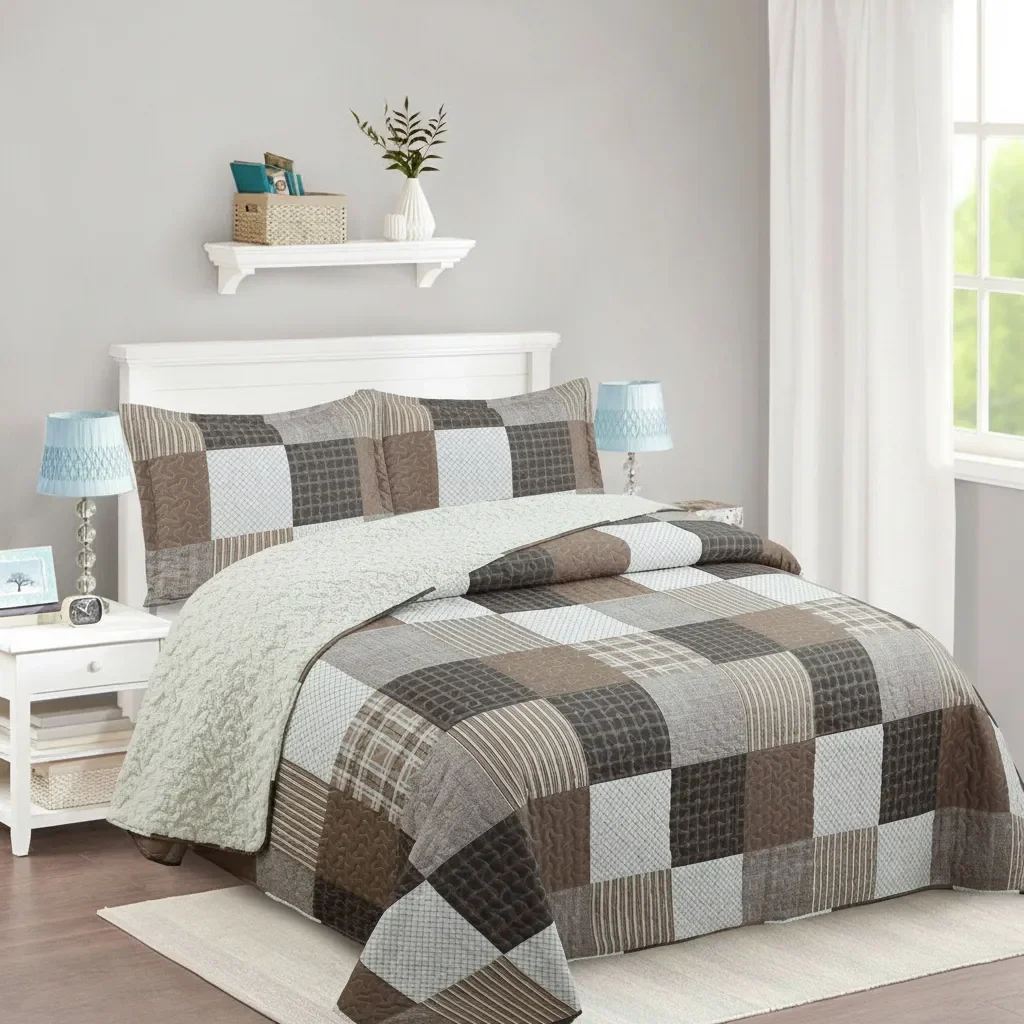 Casadeliacl - Cubrecama Quilt Sherpa 2pl - Varios Modelos W.m G Café Chocolate Gris Y Beig Cuadros Tipo Patchwork