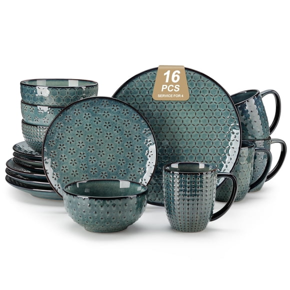 MALACASA Juego de Vajilla de 16 Piezas, Platos y Tazones Estilo Casa de Campo, Set de Cerámica Verde con Relieve, para 4 Personas, Serie LYDIA