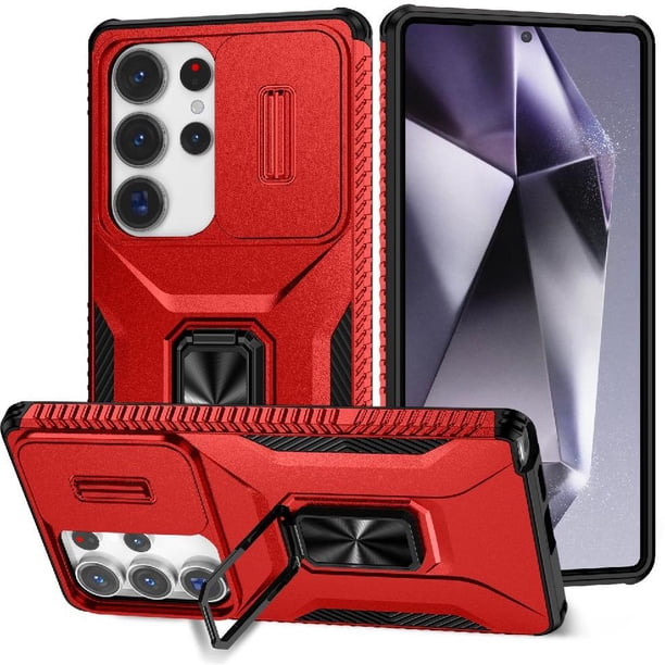 Funda Armada para Samsung Galaxy S25 Ultra con Tapa Deslizante y Soporte Magnético Giratorio Rojo