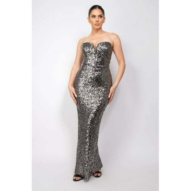 Saronite Vestido de Fiesta Ajustado, de Tubo, con Escote en V, sin Tirantes, Hombros Descubiertos, Abertura en la Espalda y Diseño Entrecruzado, con Lentejuelas, Negro/gris (para Mujer)