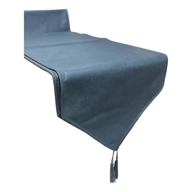 Mantel Camino De Mesa Con Pompon Cuero Sintetico 180x35cm azul