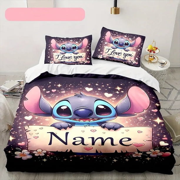 v1247 Bed Sheets Customizable Stitch Anime Duvet Cover with Pillowcases Cartoon Personalized Name Bedding Set for Women Children Teens 3-Piece Bedding Set (1 Duvet Cover + 2 Pillow Shams) Bed Sheets