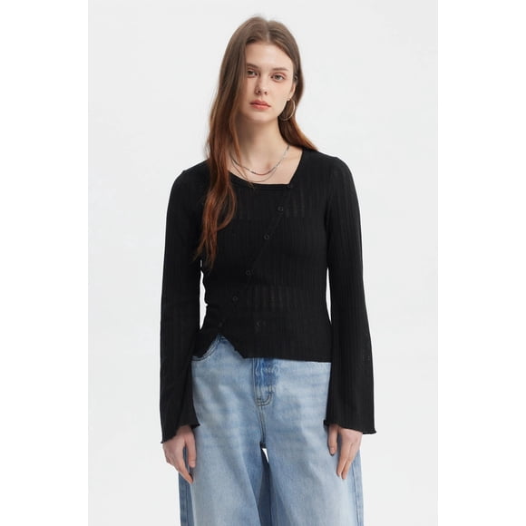 Polera Mujer Asimétrica Botones Negro
