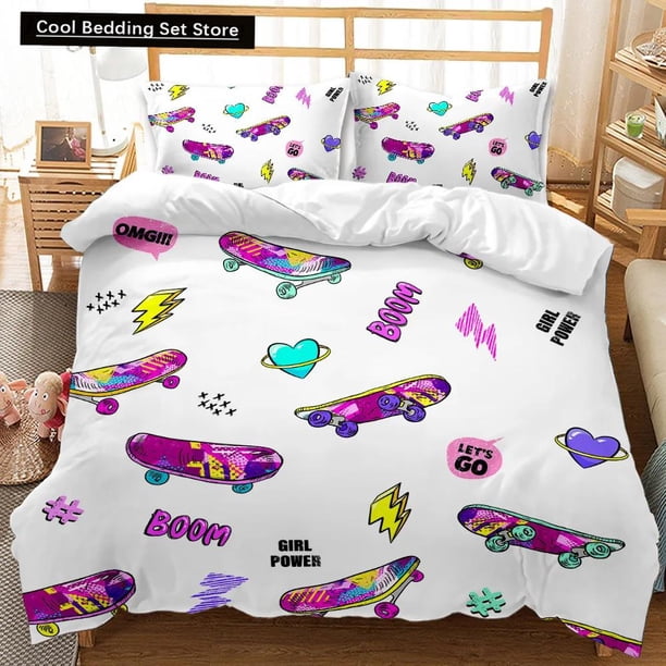 v1958 Bed Sheets Skateboard Duvet Cover Set Skateboard Player Hip Hop Bedding Set Teens Street Hobby Sport Hippie King Size Polyester Quilt Cover 3-Piece Bedding Set (1 Duvet Cover + 2 Pillow Shams) B