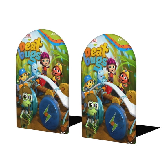 Beat Bugs Sujetalibros decorativos temáticos, tope para estantería con base antideslizante, uso dual para hogar y oficina - 2 piezas