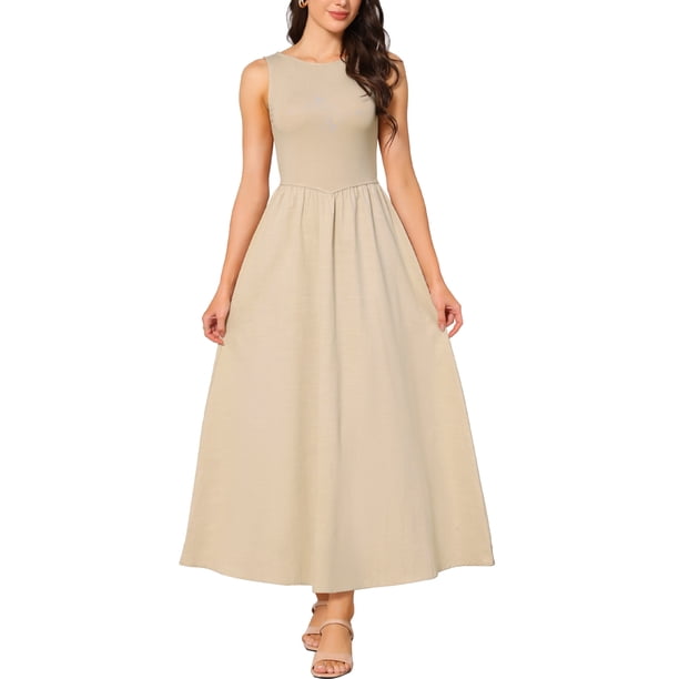 INSPIRE CHIC Vestido Maxi sin Mangas para Mujer con Diseño de Parches Línea A Cuello Redondo Elástico Casual Talla XL Beige