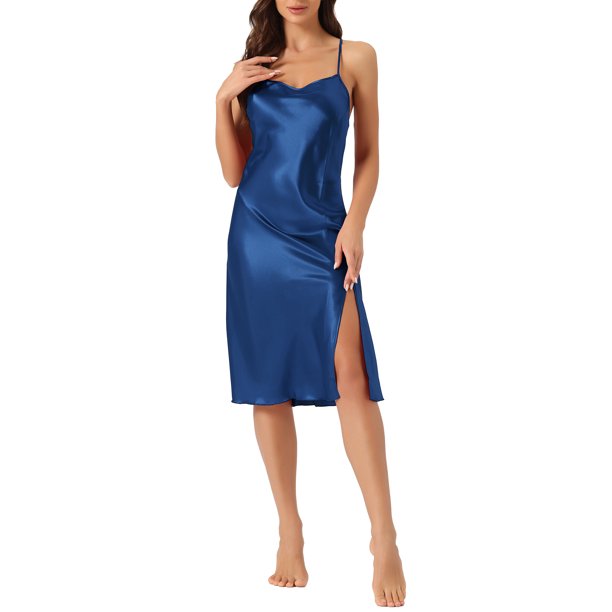 INSPIRE CHIC Camisón de Satén con Escote de Capucha para Mujer, Sin Mangas, Espalda Descubierta, Vestido de Dormir Midi con Abertura Lateral XL Azul