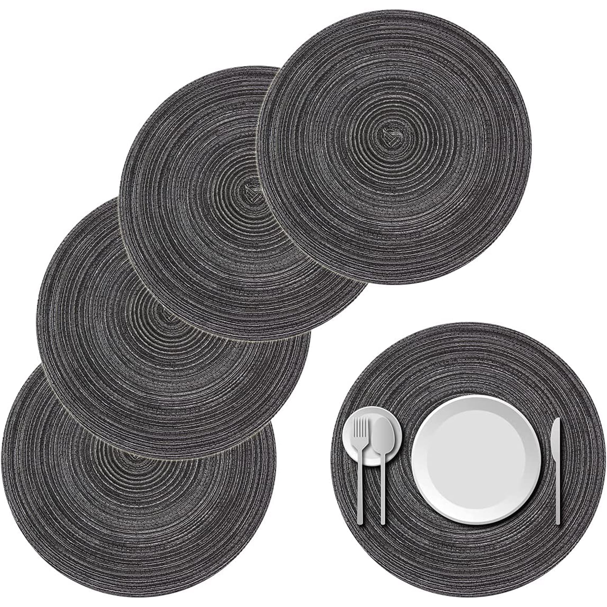 Xmhytop Juego De 4 Manteletes Redondos Individuales De Algodón Premium, Antideslizantes Con Textura Gruesa, Resistentes Al Calor, Estilo E, 38cm, Color Negro Gris