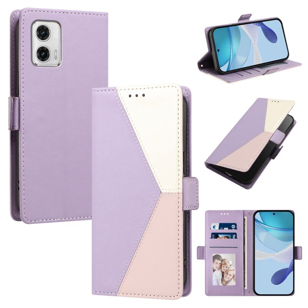 Cartera Plegable para Motorola Moto G73, PU Tricolor con Ranuras, Morado