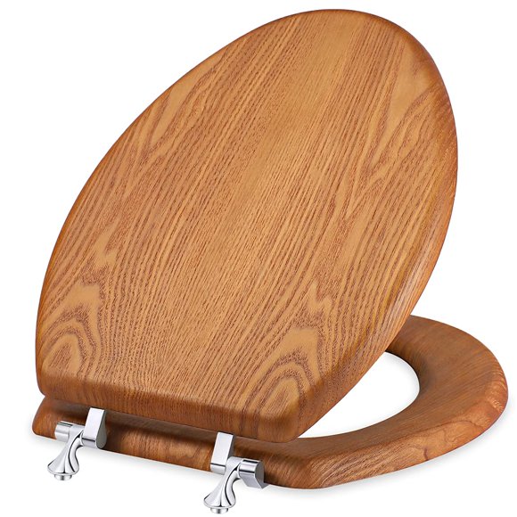 Asiento de Inodoro de Madera Alargado con Bisagras de Metal Cromado PUCOINA