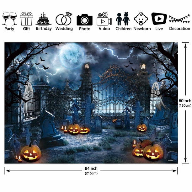 1pc Spooky Halloween Graveyard Backdrop - 7x5ft Polyester Photography Backdrop with Pumpkin Lanterns and Moon - Perfect for Kids Parties and Birthdays