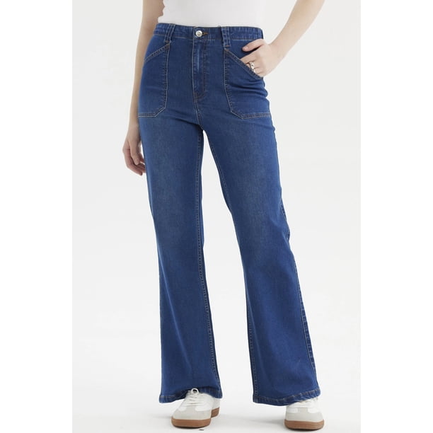 Jeans Mujer Flare Bolsillo Azul Oscuro- ll