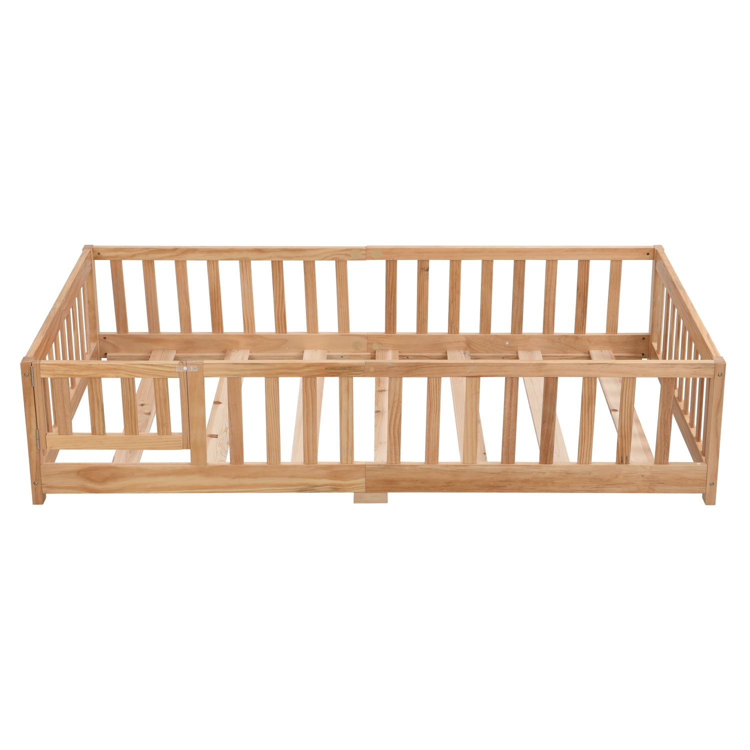 M&ms - Full Size Floor Bed With Door,solid Wood Platform Bed Frame With Fence,suitable For Children,pine Wood,natural